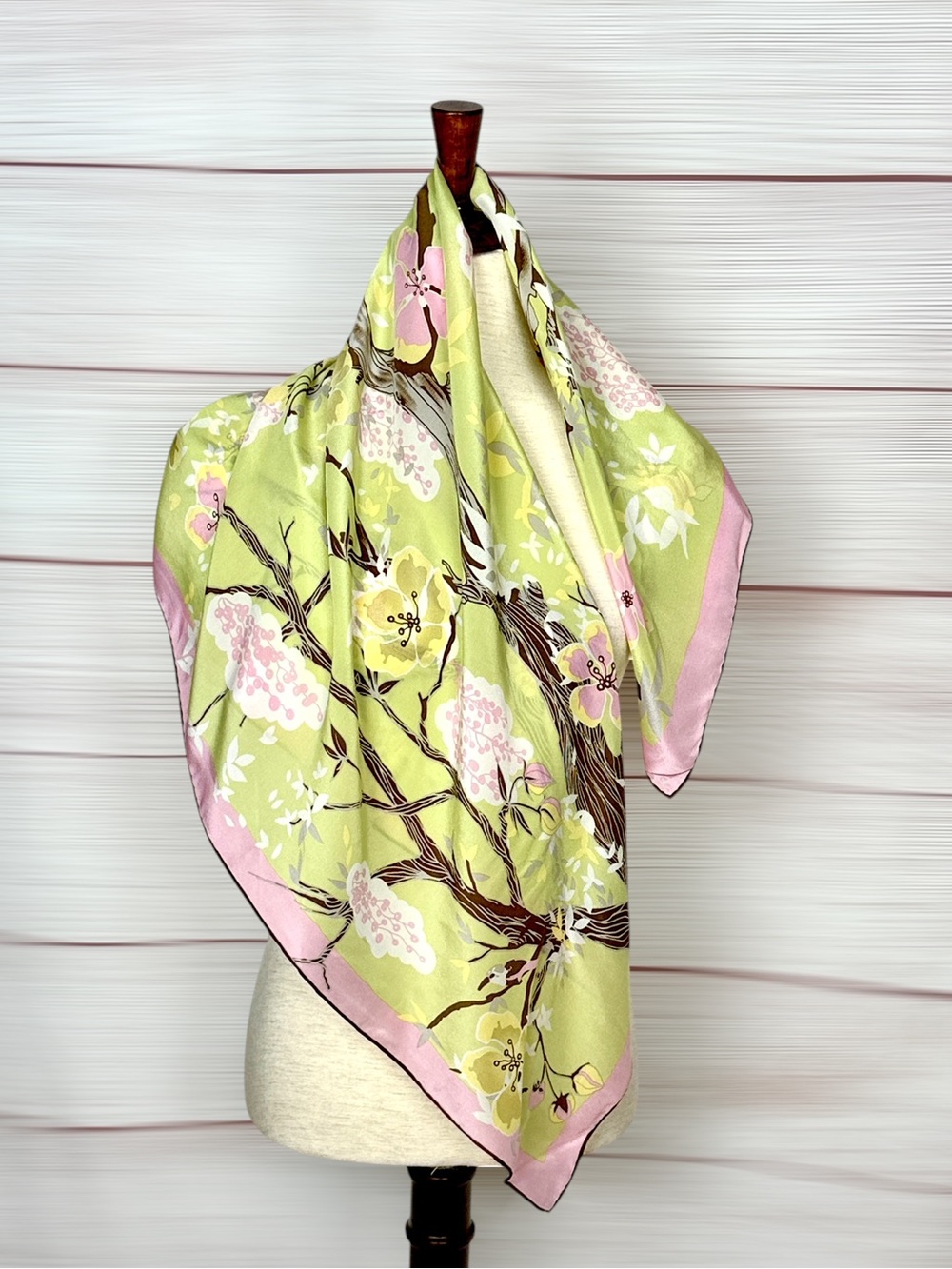Marja Kurki Finland Pure Silk Scarf Floral Tree Print Hand Rolled Pink Green